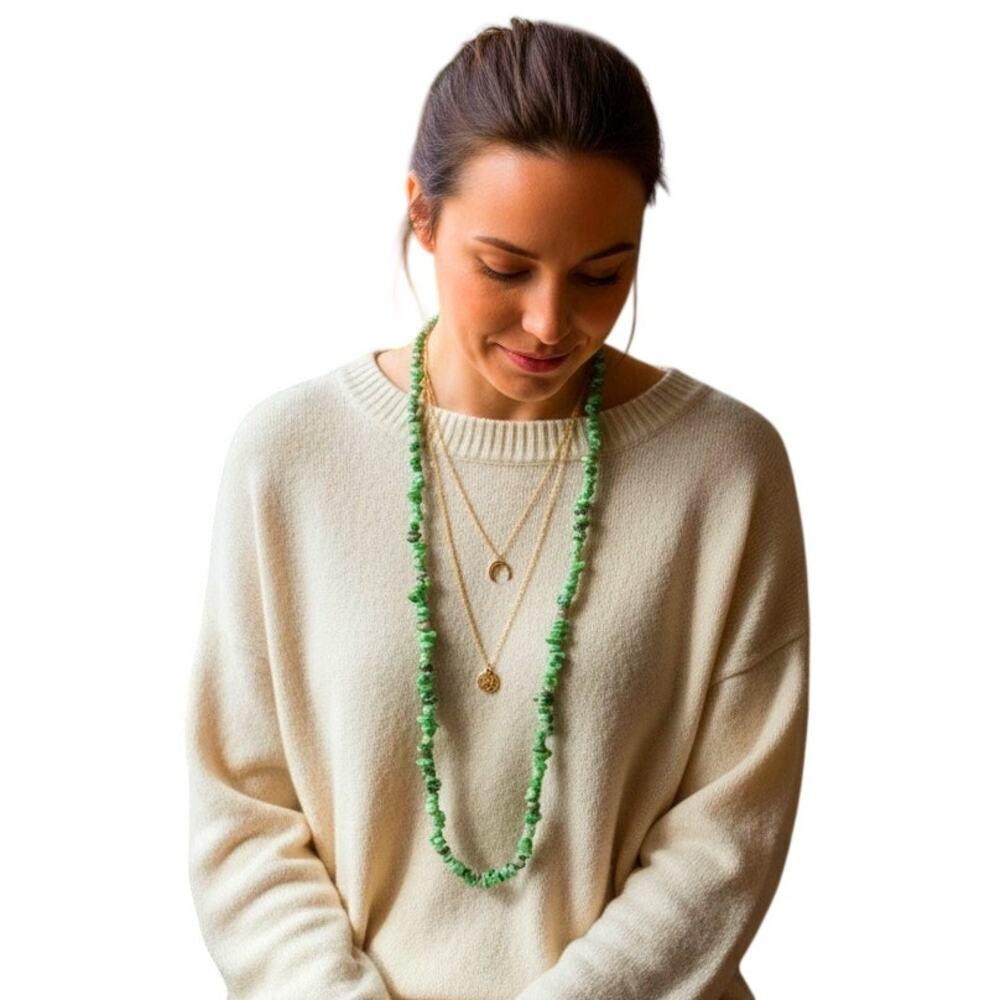 Natural Ruby Zoisite Long Gemstone Necklace | 32” Green Stone Strand